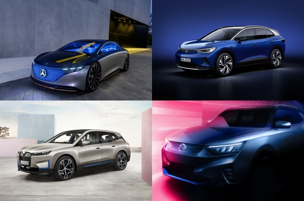 (왼쪽 위부터 시계방향) 벤츠 EQS, 폭스바겐 ID.4, 쌍용차 E100, BMW iX. 각 사