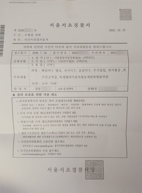 제보자 A씨가 삽자루 우형철씨를 상대로 형사고소한 혐의에 대해 지난해 10월 27일 경찰은 모든 혐의를 각하 처분했다. 우형철