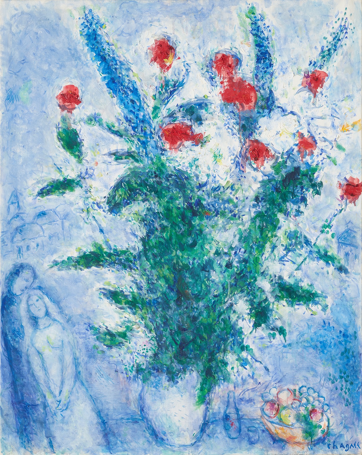 마르크 샤갈-붉은 꽃다발과 연인들, 92×73㎝, 1975