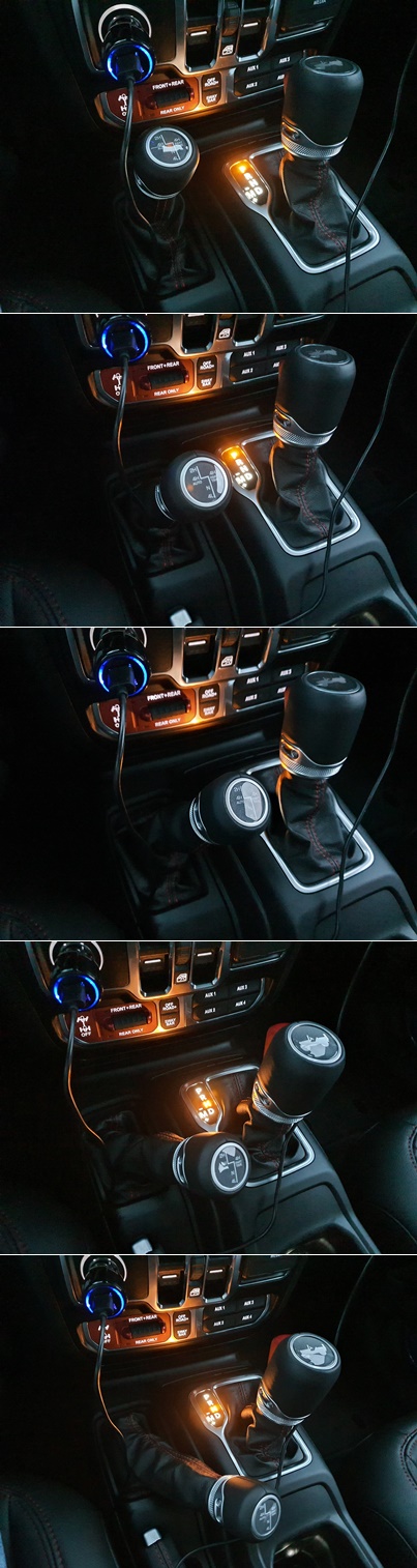 랭글러 4륜 기어 손잡이는 5가지로 변속할 수 있다. 위부터 2륜 자동, 4륜 자동, 4륜 파트타임, 중립, 4륜 저속(L·로우).서창완