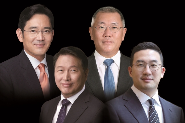 윗줄부터 왼쪽부터 시계방향으로 이재용 삼성전자 부회장, 정의선 현대차 회장, 구광모 LG 회장, 최태원 SK 회장.<각사, 디자인=이민자>
