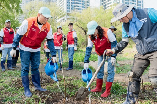 SK네트웍스 창립 70주년을 맞이해 이호정 대표와 구성원들이 여의샛강공원에서 숲 가꾸기 봉사활동을 하고 있다.SK네트웍스