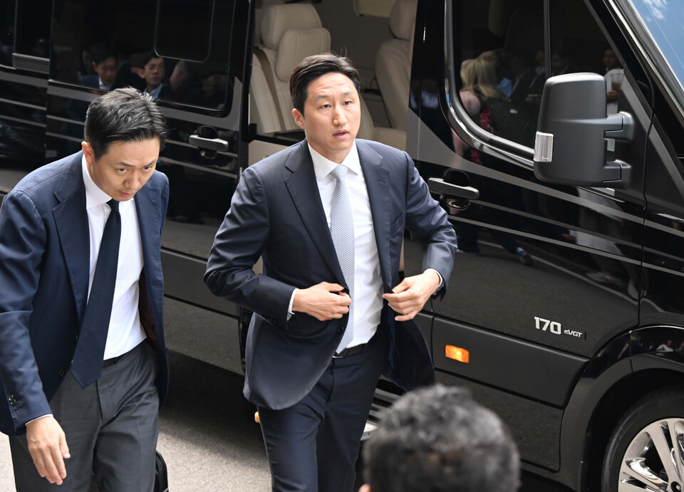 정기선 HD 현대그룹 부회장이 28일 서울 중구 롯데호텔에서 열린 빈 자이드 알 나하얀 아랍에미리트(UAE) 대통령과의 간담회에 참석하고 있다.<뉴시스>