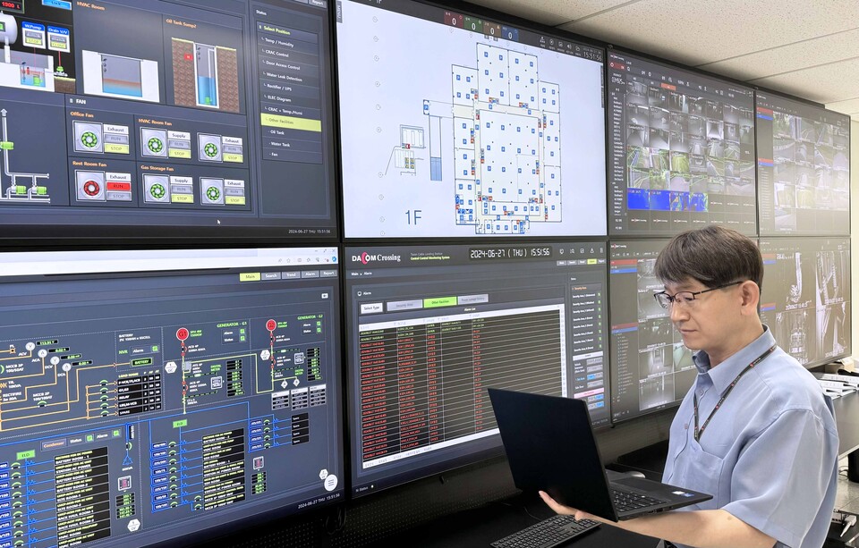 LG유플러스가 충청남도 태안군 ‘국제 해저케이블 육양국’에 스마트 관제 DX(디지털 전환) 솔루션을 도입한다고 밝혔다. LG유플러스 모델이 ‘DX 관제 솔루션’을 관제하고 있다.<LG유플러스>