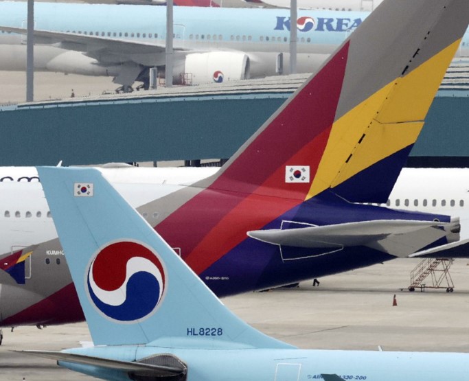 인천국제공항 전망대에서 바라본 공항 계류장 내 대한항공과 아시아나항공 항공기 모습.<뉴시스>