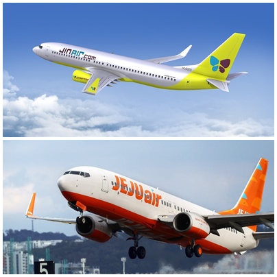 (상단부터) 진에어, 제주항공 항공기.<각 사>