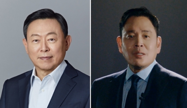 신동빈(왼쪽) 롯데그룹 회장과 정용진 신세계그룹 회장이 서울 강동구에서 자존심 대결을 펼친다.<각사>