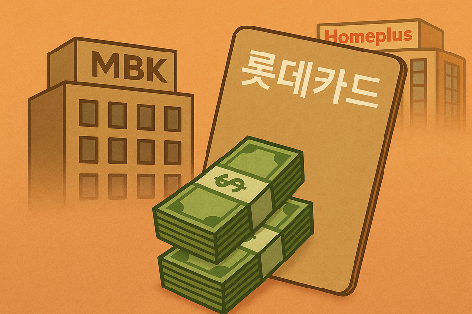 MBK파트너스가 홈플러스·네파 등 부실한 피인수기업을 살리기 위해 롯데카드를 ‘자금줄’로 활용했다는 의혹이 제기된다.<챗GPT>