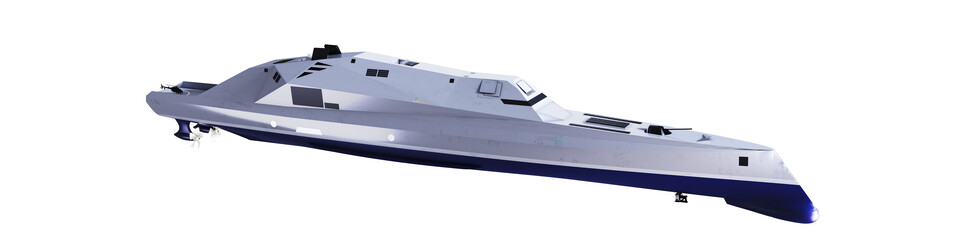 전기추진체계, 통합마스트, 첨단함형, 통합네트워크, 스마트 함교, 병력절감 스마트함정 등의 미래 기술이 적용된 미래형 구축함 조감도.<한화오션>