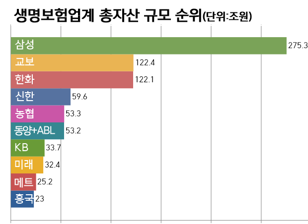 2024년 말 기준 생명보험업계 총자산 규모 순위. 우리금융그룹이 자회사로 편입하는 동양생명과 ABL생명의 자산총합은 53조2000억원으로 업계 6위에 해당한다.<그래픽=박지훈>