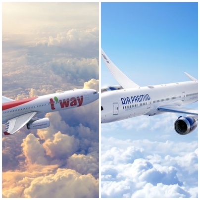 티웨이항공 항공기(왼쪽), 에어프레미아 항공기.<각 사>