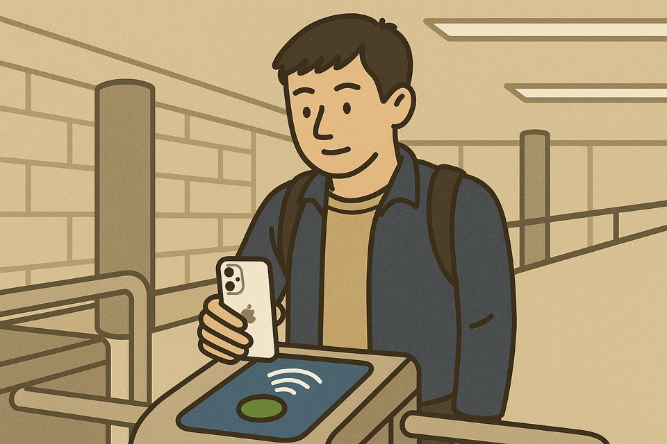 지난 22일부터 국내 아이폰 사용자들도 버스·지하철 승하차 단말기에 기기를 태그하는 방식으로 대중교통을 이용할 수 있게 됐다.<챗 GPT 생성 이미지>