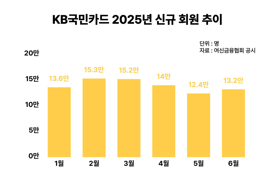 KB국민카드의 올해 상반기 신규 회원 유입 추이.<자료=여신금융협회 공시, 표=남빛하늘>