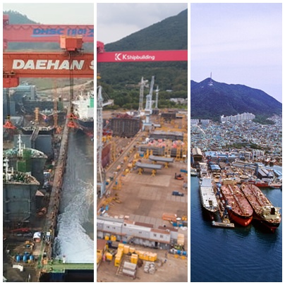 (왼쪽부터) 대한조선 해남조선소, 케이조선 진해조선소, HJ중공업 부산 영도조선소 전경.<각 사>