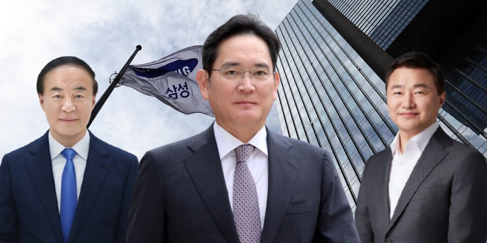 이재용(가운데) 삼성전자 회장이 전영현(왼쪽)·노태문(오른쪽) 투톱 체제를 구축해 초일류 경쟁력 확보에 나섰다.<뉴시스·삼성전자, 편집: 남빛하늘>