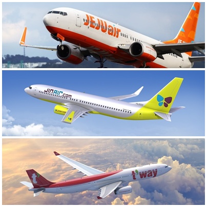 (상단부터) 제주항공, 진에어, 티웨이항공 항공기.<각 사>