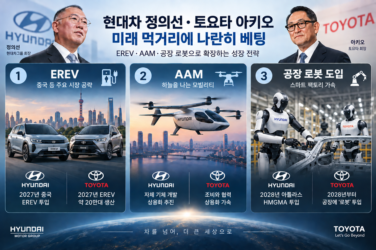 정의선 현대자동차그룹 회장과 토요다 아키오 토요타자동차 회장의 미래 먹거리 경쟁이 전방위로 번지고 있다.<자료 : 각 사 및 업계/편집 : 생성형 AI>