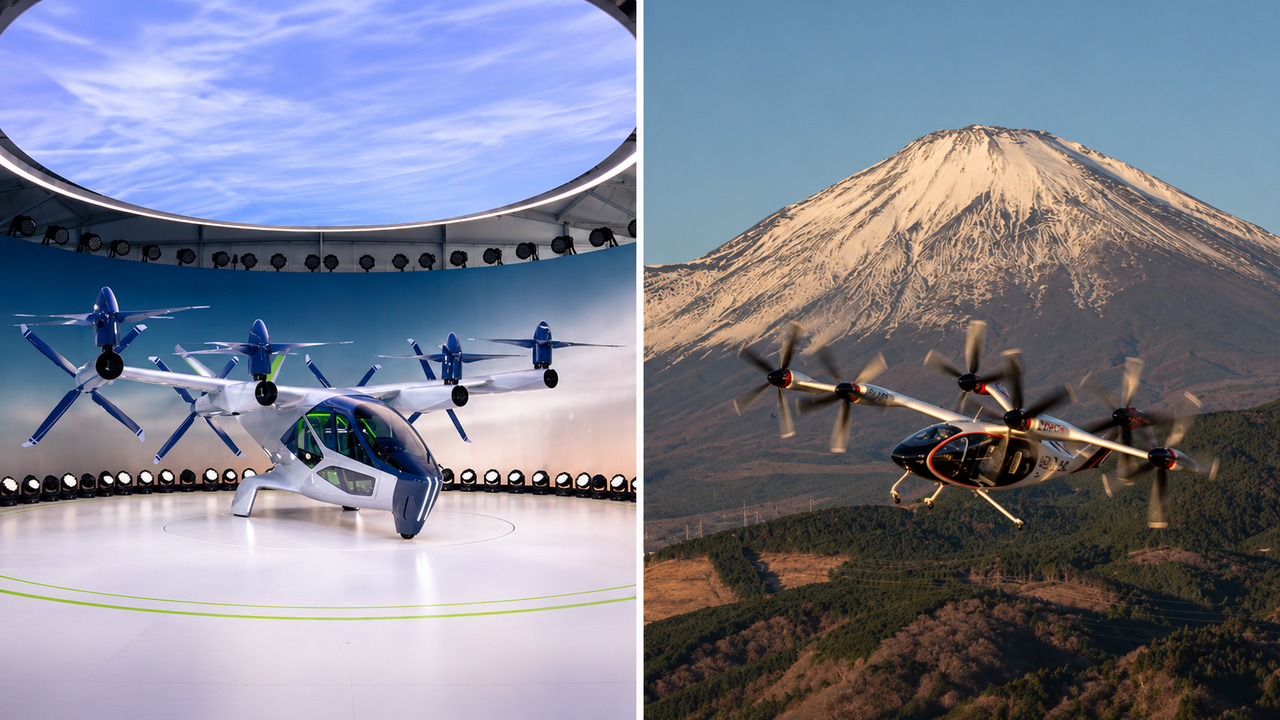 슈퍼널이 CES 2024에서 공개한 전기수직이착륙기(eVTOL) S-A2 실물 모형(왼쪽)과 토요타와 조비 에비에이션의 전기수직이착륙기.<사진 : 현대자동차그룹 및 토요타/편집 : 생성형AI>